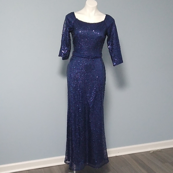 David Meister Blue Sequin Lace Gown size 4 NWOT